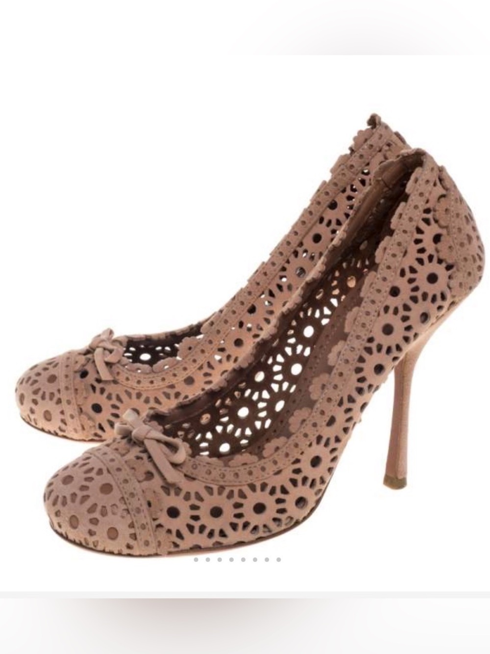 ALAIA Pink Beige Nude Round Toe Floral Laser Cut Suede Heels Pumps Size EU 38 8